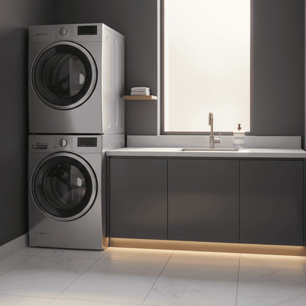 Modern dark gray laundry room with stacked silver appliances, small sink, and under-cabinet lighting.
