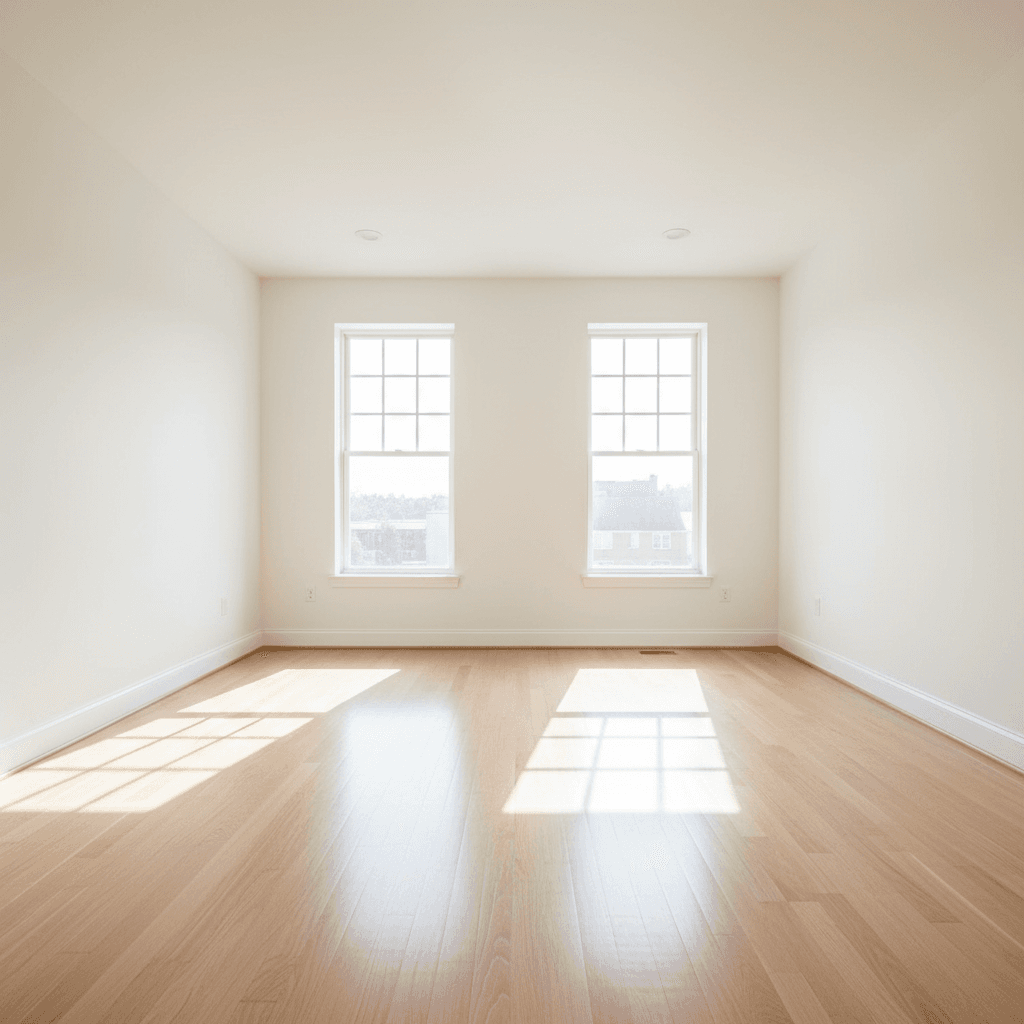 Empty, spotlessly clean bedroom with bright natural light