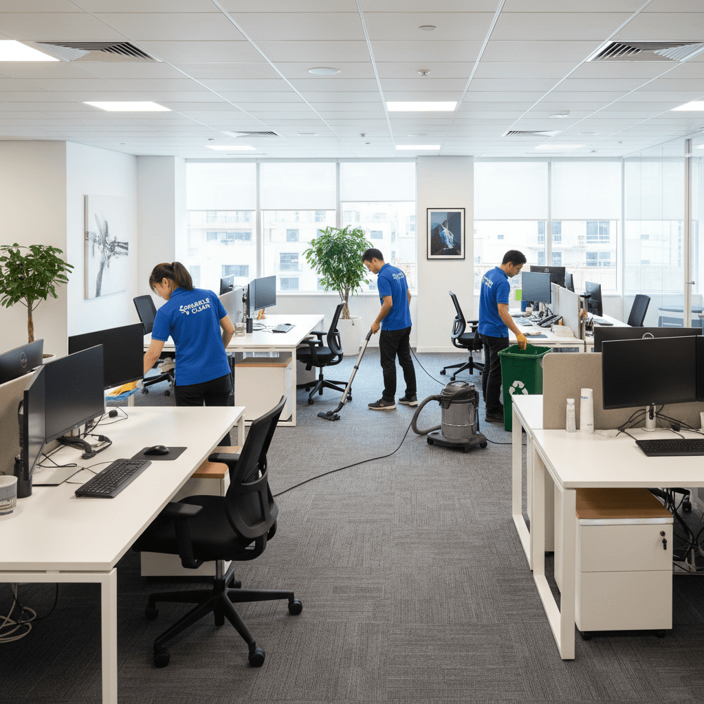 Commercial cleaning crew cleaning modern office workspace