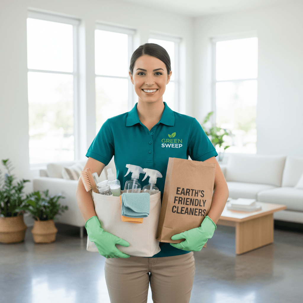 Cleaning professional with green cleaning products