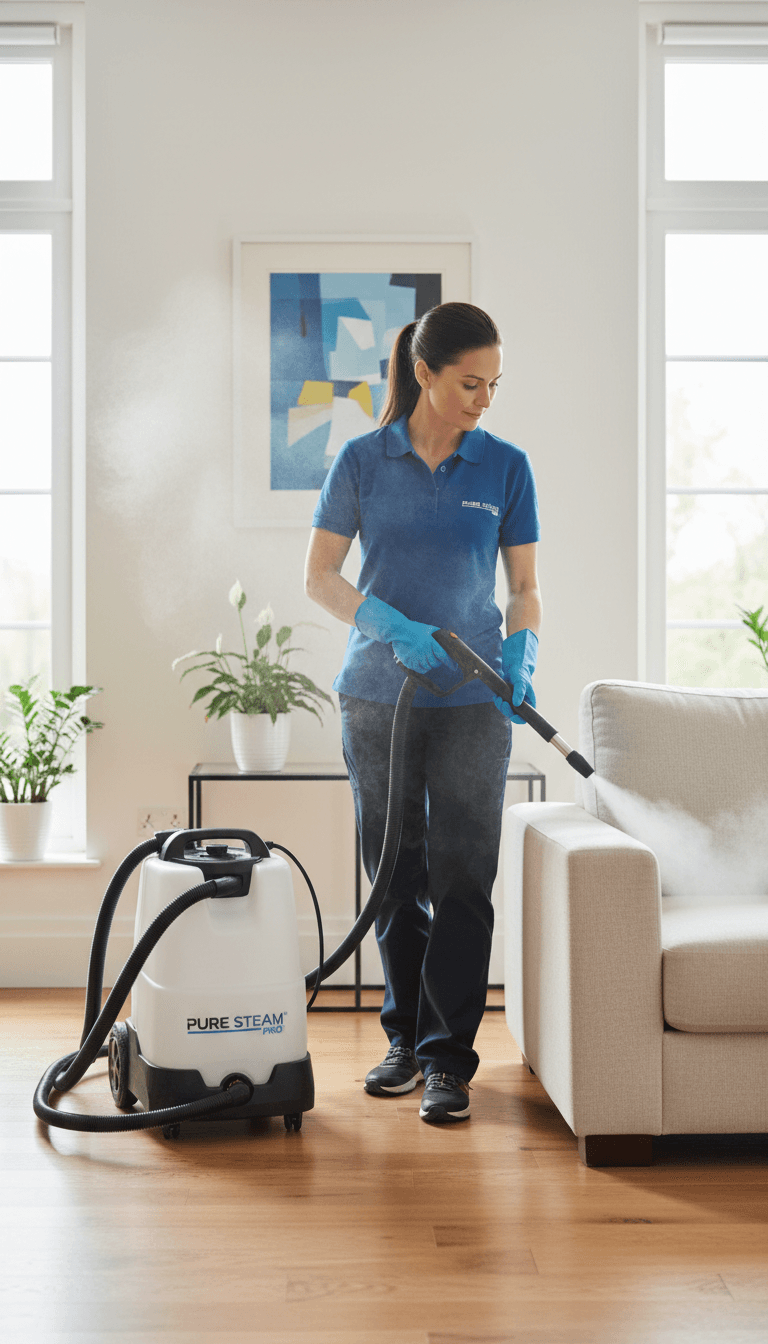 Professional cleaner using eco-friendly steam cleaning method on home surfaces