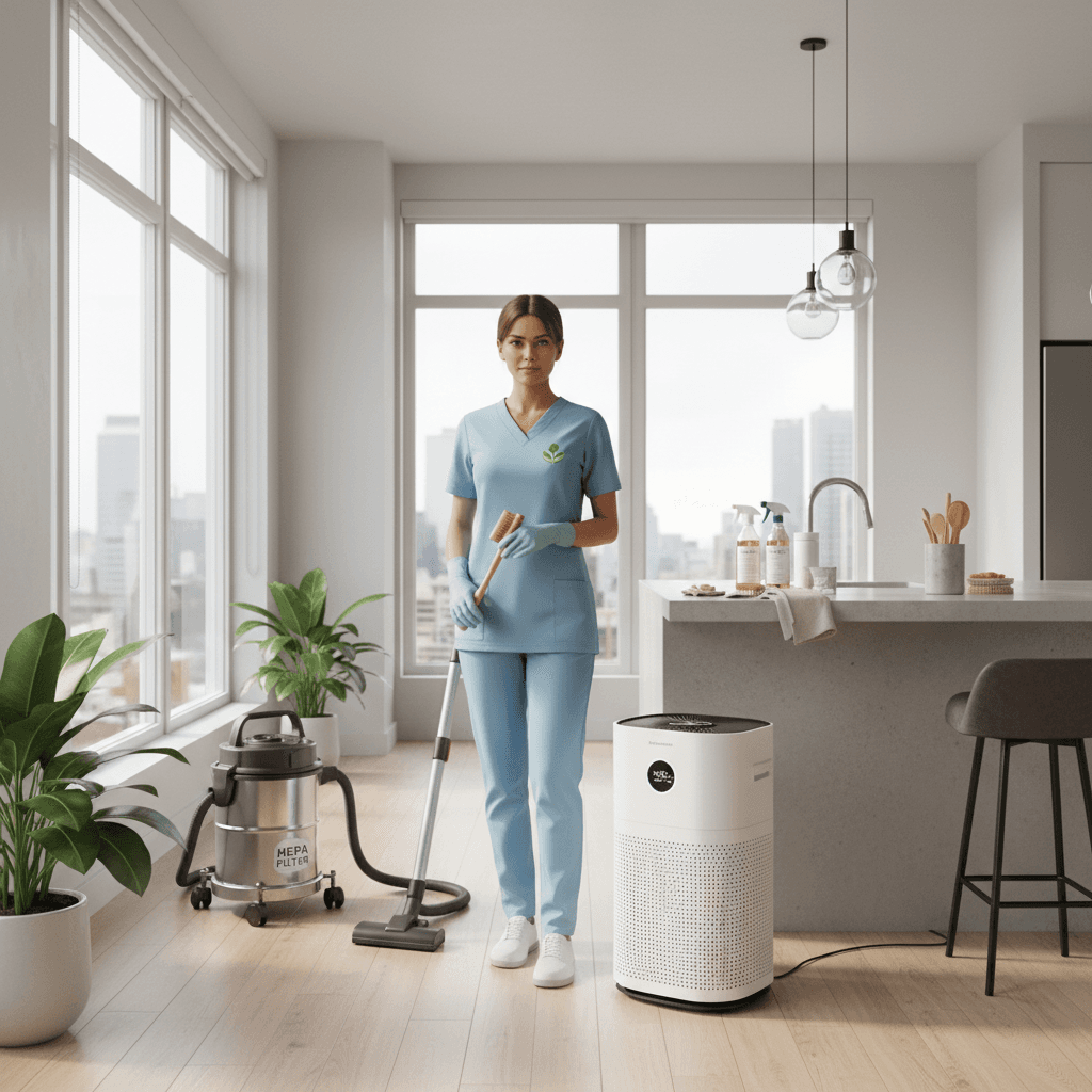 Professional cleaner preparing a clean apartment for move-in
