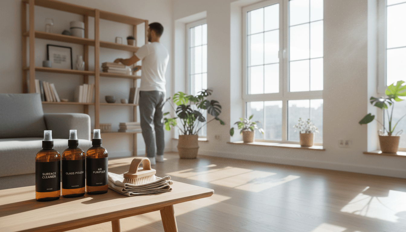 Professional cleaner using green cleaning products in a modern home