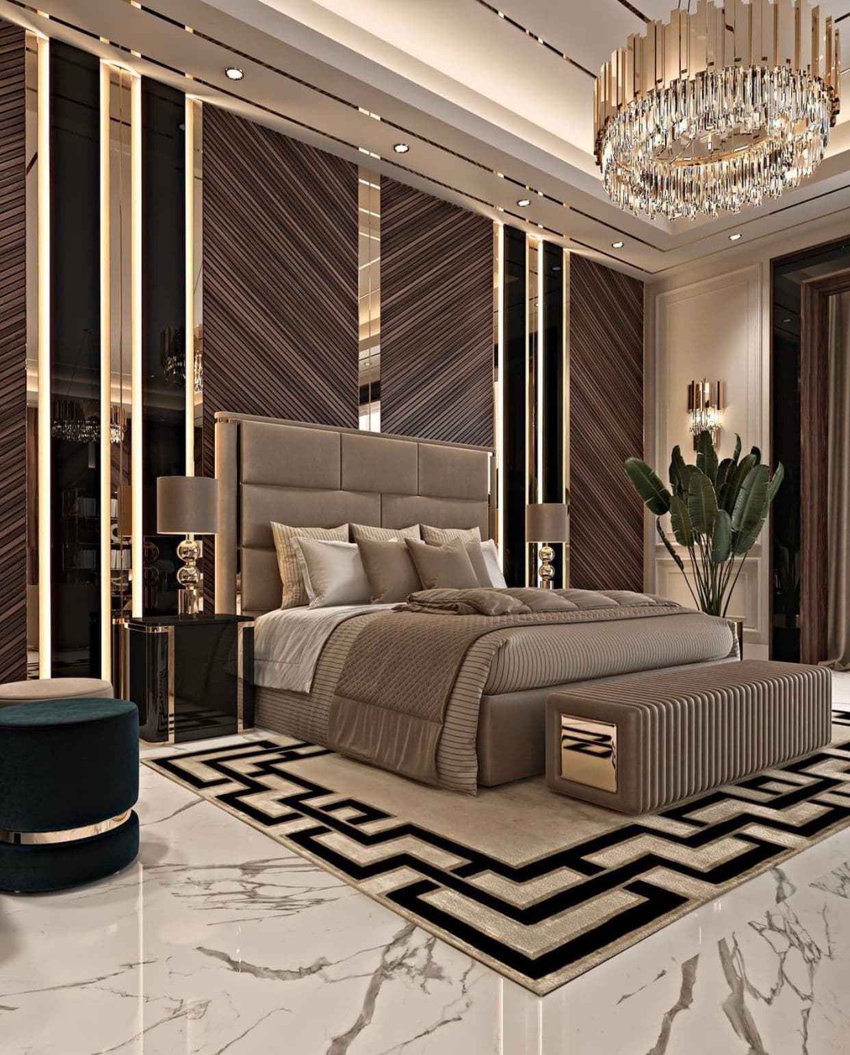 Luxurious modern bedroom with a large upholstered bed, crystal chandelier, and geometric patterned rug.