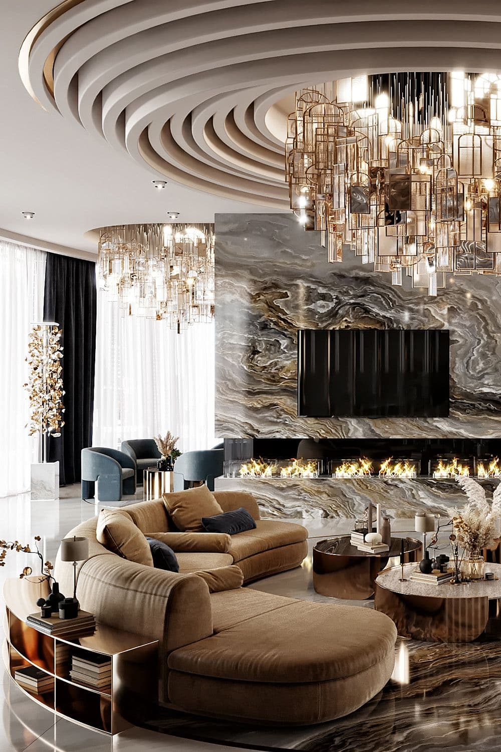 Luxurious living room featuring a curved sofa, marble fireplace wall, and grand golden chandeliers.