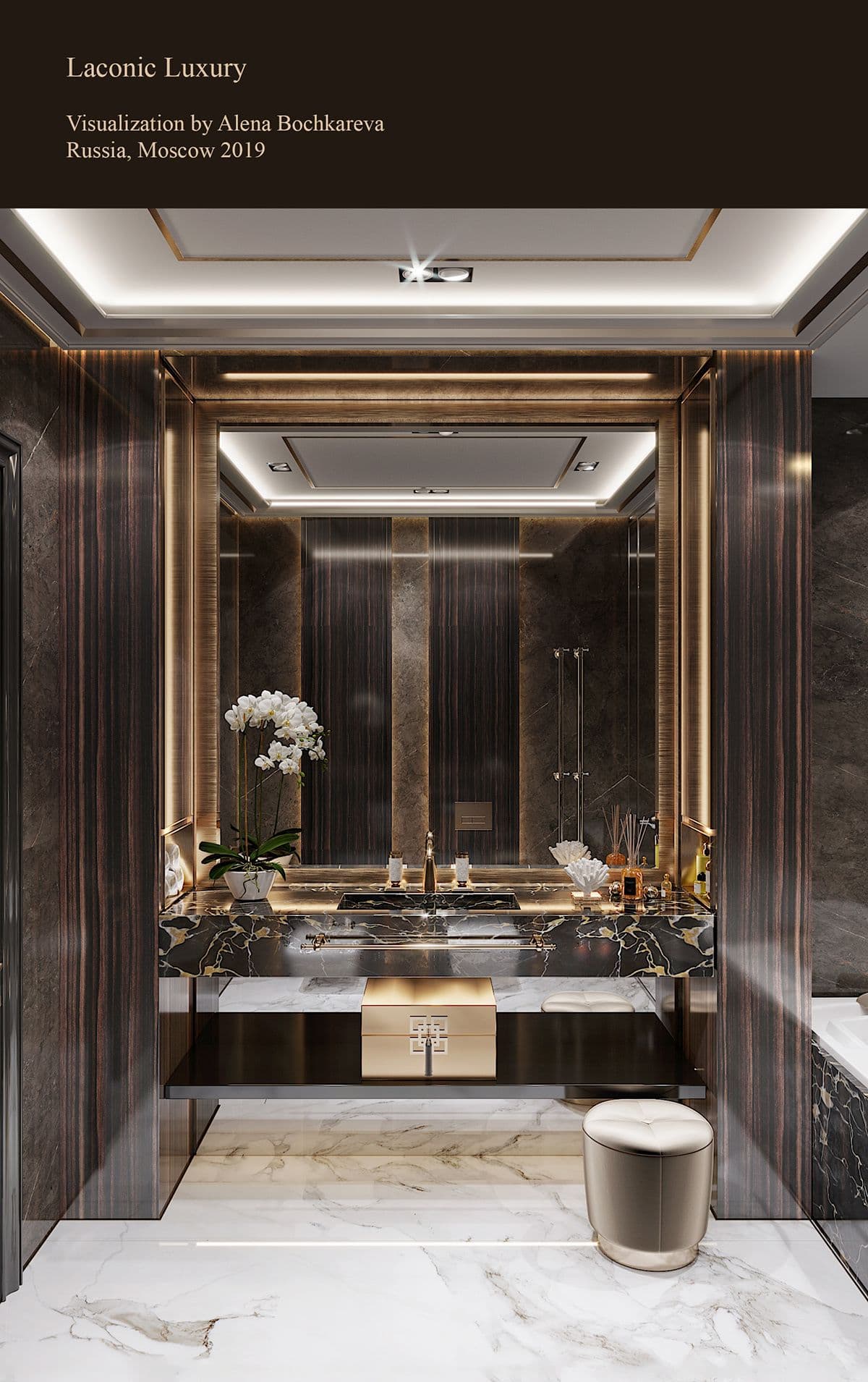 Luxurious bathroom vanity featuring dark wood walls, black marble countertop, gold accents, and white orchid.